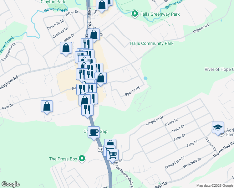 map of restaurants, bars, coffee shops, grocery stores, and more near 6809 Adrian Road in Knoxville