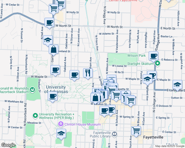 map of restaurants, bars, coffee shops, grocery stores, and more near 524 Whitham Avenue in Fayetteville