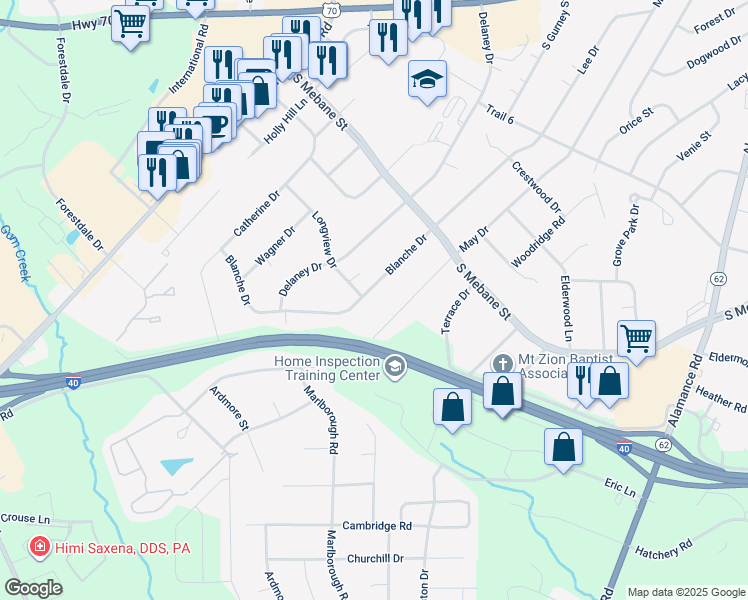 map of restaurants, bars, coffee shops, grocery stores, and more near 2734 Blanche Drive in Burlington