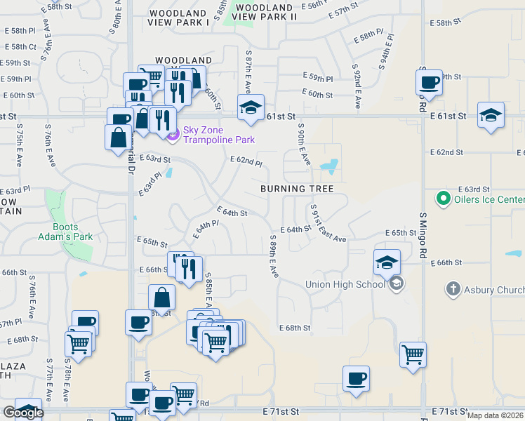 map of restaurants, bars, coffee shops, grocery stores, and more near 8833 East 64th Street in Tulsa