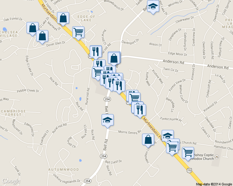 map of restaurants, bars, coffee shops, grocery stores, and more near 2707 Murfreesboro Pike in Nashville