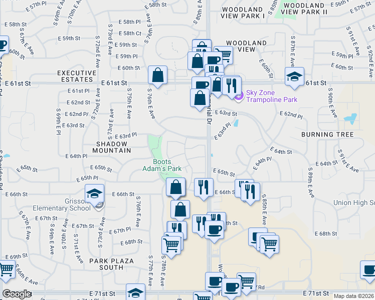map of restaurants, bars, coffee shops, grocery stores, and more near 6360 South 80th East Avenue in Tulsa