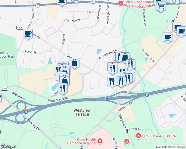 map of restaurants, bars, coffee shops, grocery stores, and more near 3210 Garden Rd in Burlington