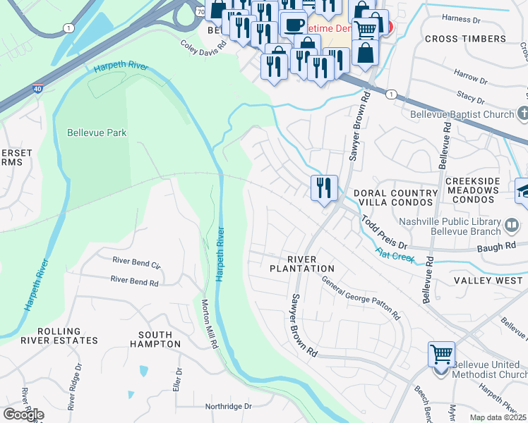 map of restaurants, bars, coffee shops, grocery stores, and more near 1333 General George Patton Road in Nashville