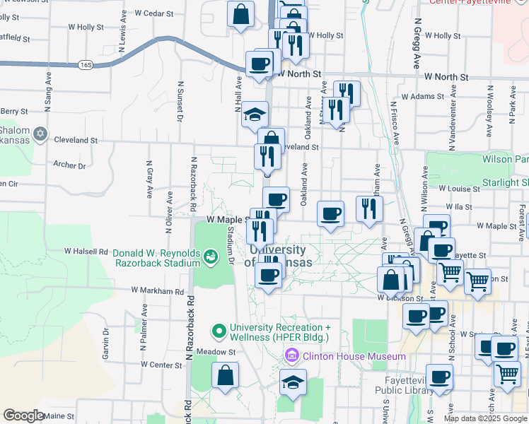 map of restaurants, bars, coffee shops, grocery stores, and more near 525 Garland Avenue in Fayetteville