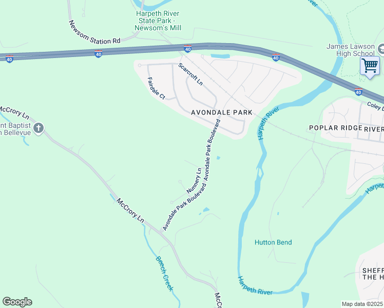 map of restaurants, bars, coffee shops, grocery stores, and more near 305 Avondale Park Boulevard in Nashville