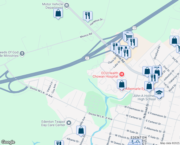 map of restaurants, bars, coffee shops, grocery stores, and more near 323 Medical Arts Drive in Edenton