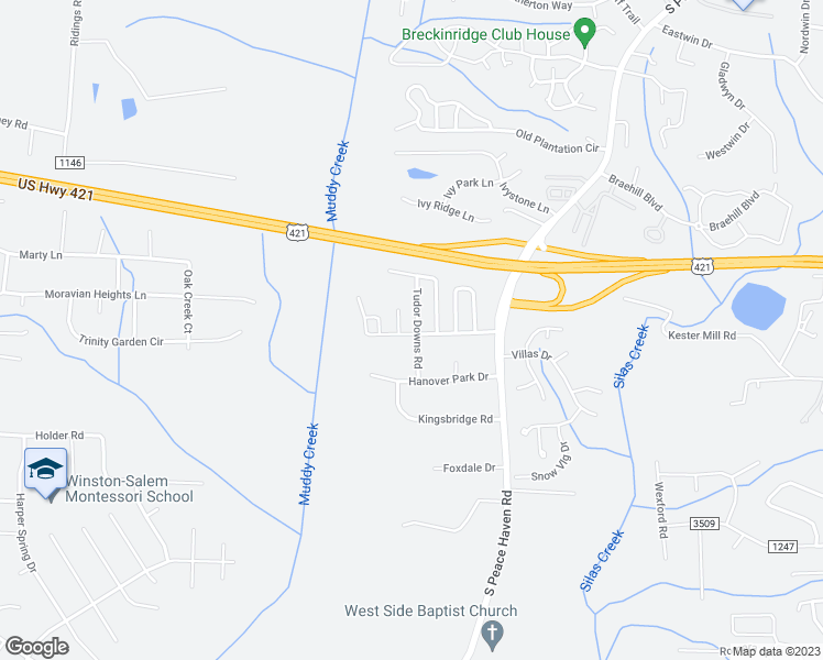 map of restaurants, bars, coffee shops, grocery stores, and more near 100 Tudor Downs Road in Winston-Salem