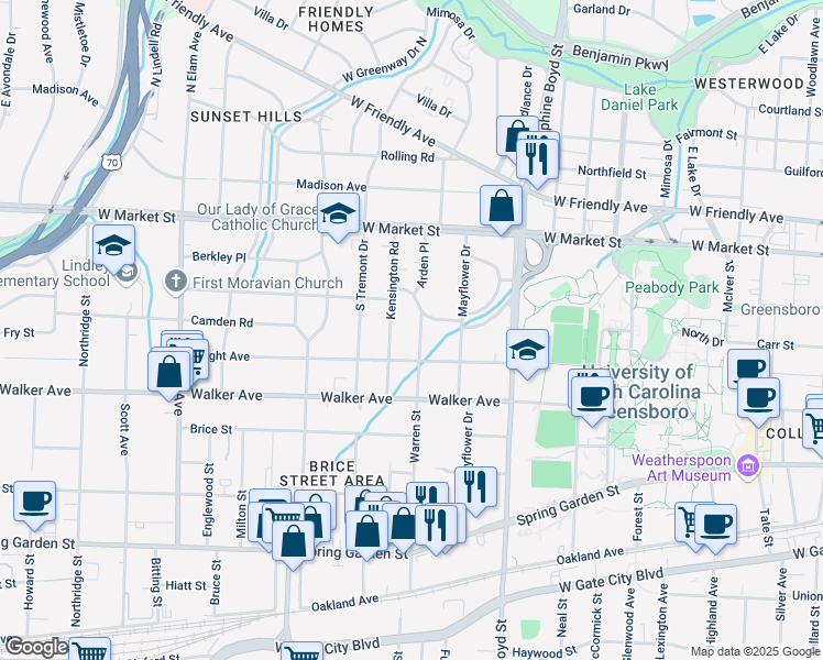 map of restaurants, bars, coffee shops, grocery stores, and more near 219 Kensington Road in Greensboro