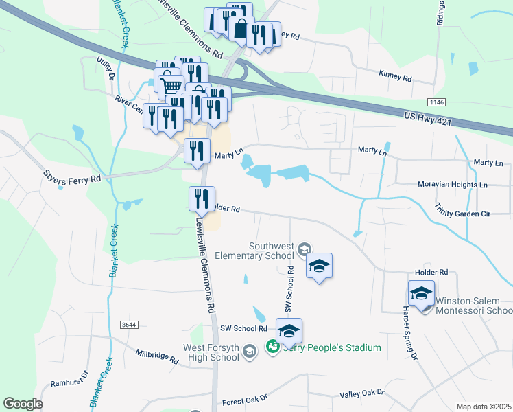 map of restaurants, bars, coffee shops, grocery stores, and more near 6579 Holder Road in Clemmons