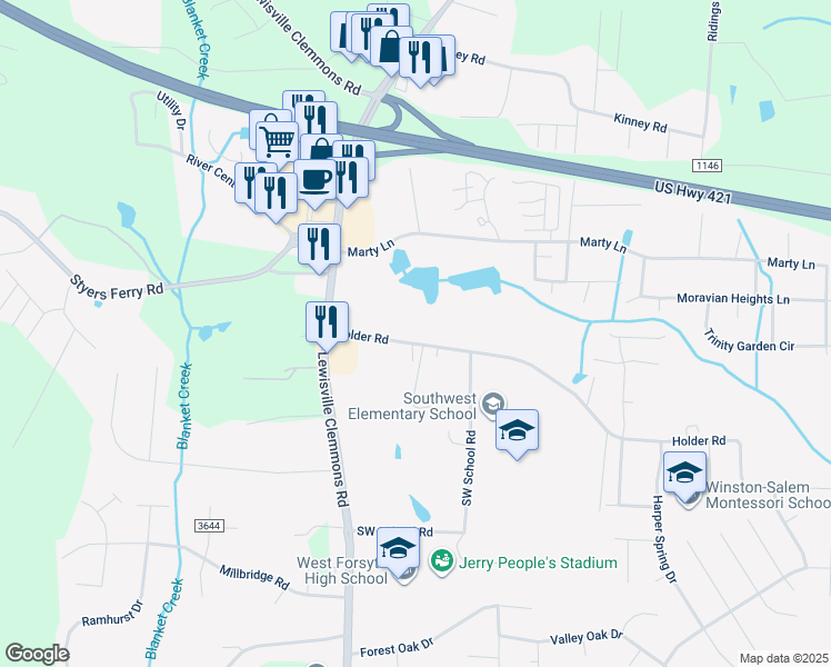 map of restaurants, bars, coffee shops, grocery stores, and more near 6579 Holder Road in Clemmons