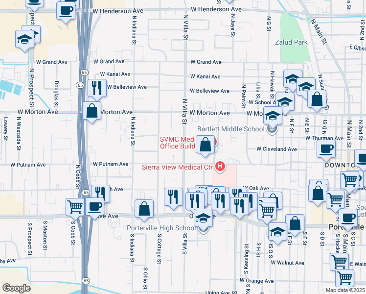 map of restaurants, bars, coffee shops, grocery stores, and more near 1953 North Villa Street in Porterville