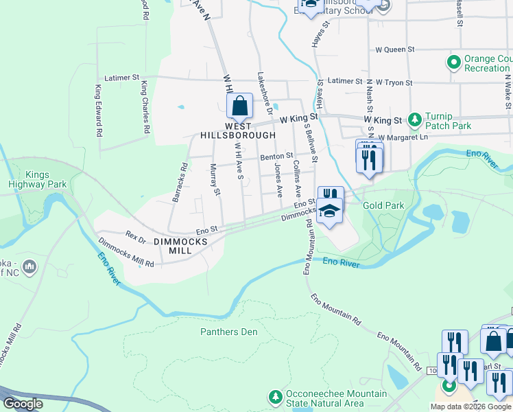 map of restaurants, bars, coffee shops, grocery stores, and more near 409 West Hill Avenue South in Hillsborough