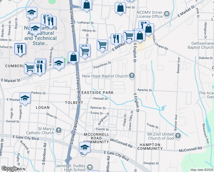 map of restaurants, bars, coffee shops, grocery stores, and more near 320 Gant Street in Greensboro