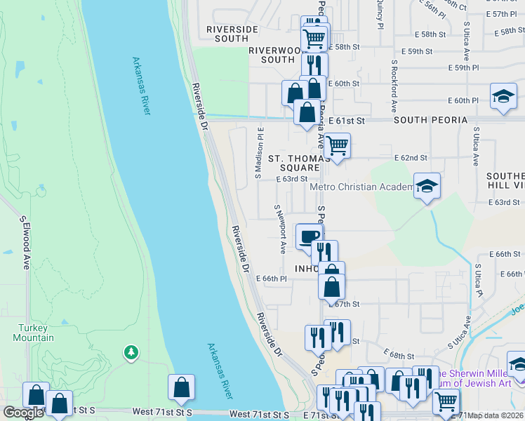 map of restaurants, bars, coffee shops, grocery stores, and more near 6350 South Newport Avenue in Tulsa