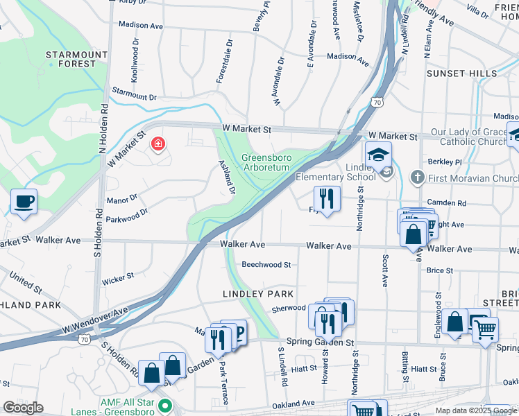 map of restaurants, bars, coffee shops, grocery stores, and more near 306 North Lindell Road in Greensboro