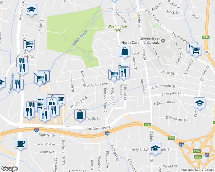 map of restaurants, bars, coffee shops, grocery stores, and more near 314 West Acadia Avenue in Winston-Salem