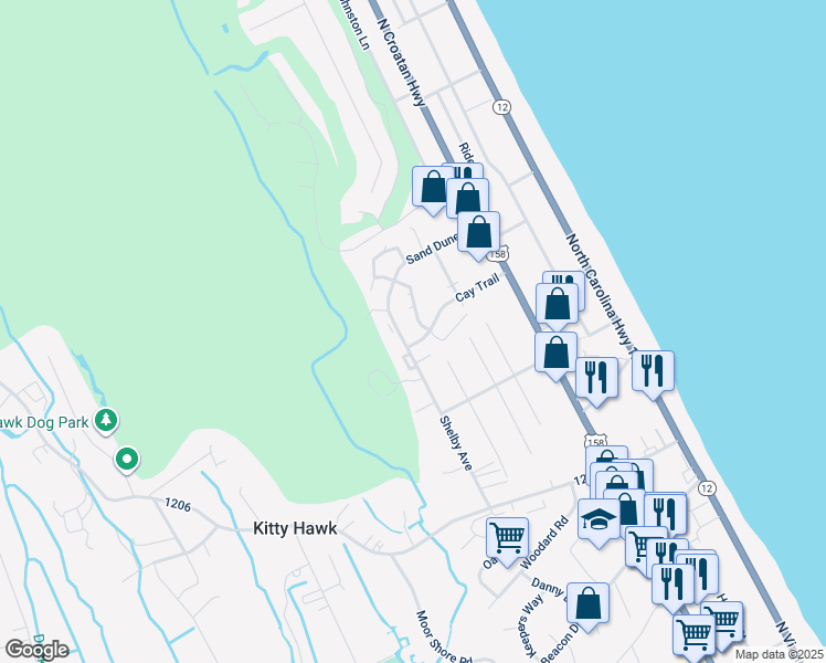 map of restaurants, bars, coffee shops, grocery stores, and more near 1404 Swordfish Way in Kitty Hawk