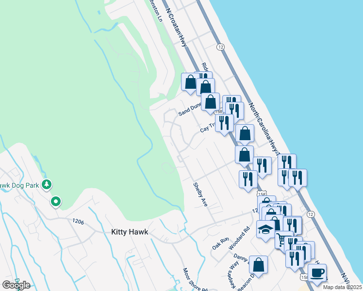 map of restaurants, bars, coffee shops, grocery stores, and more near 1407 Swordfish Way in Kitty Hawk