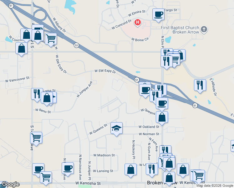 map of restaurants, bars, coffee shops, grocery stores, and more near 1801 North Hickory Place in Broken Arrow