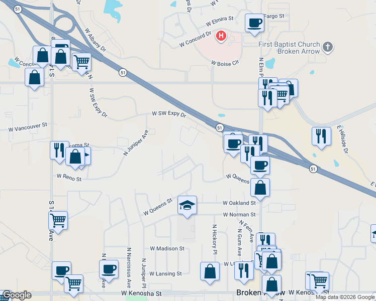 map of restaurants, bars, coffee shops, grocery stores, and more near 1805 North Hickory Place in Broken Arrow