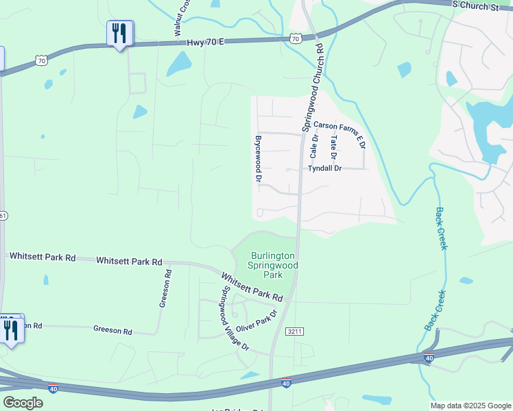 map of restaurants, bars, coffee shops, grocery stores, and more near 7206 Olmstead Drive in Burlington