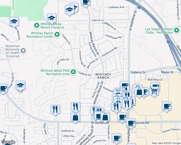 map of restaurants, bars, coffee shops, grocery stores, and more near 801 Rising Star Drive in Henderson