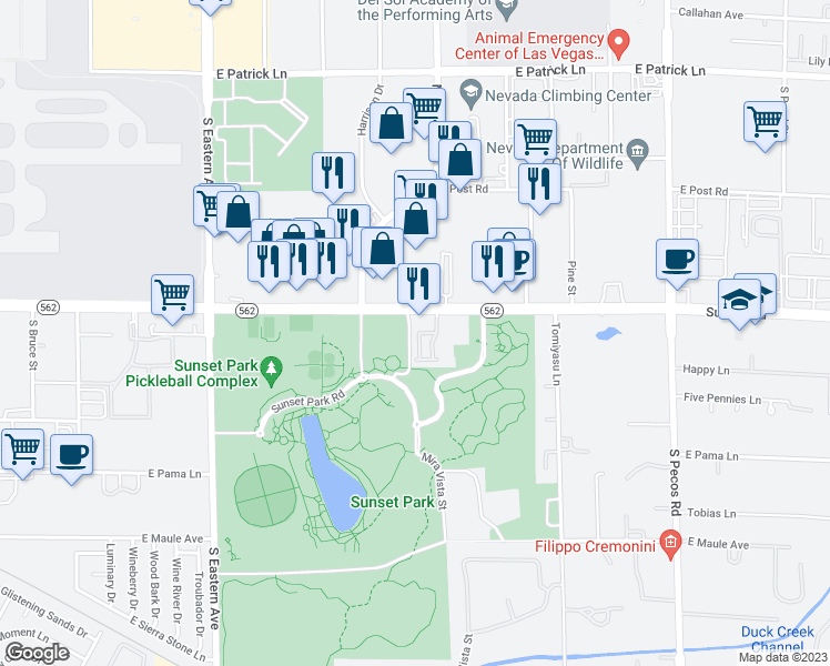 map of restaurants, bars, coffee shops, grocery stores, and more near 3015 East Sunset Road in Las Vegas