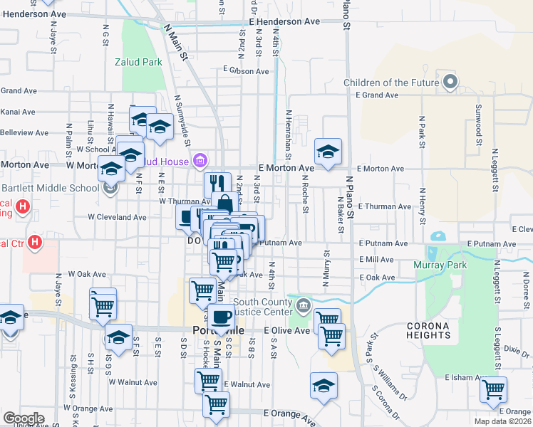 map of restaurants, bars, coffee shops, grocery stores, and more near 130 North 4th Street in Porterville