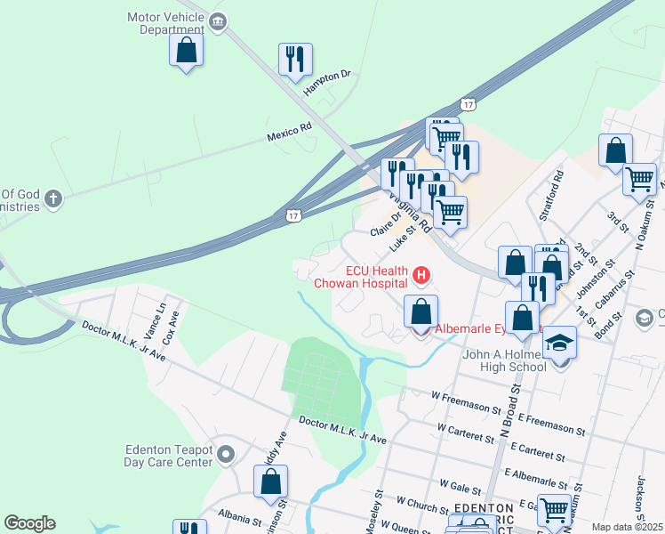 map of restaurants, bars, coffee shops, grocery stores, and more near 156 Claire Drive in Edenton