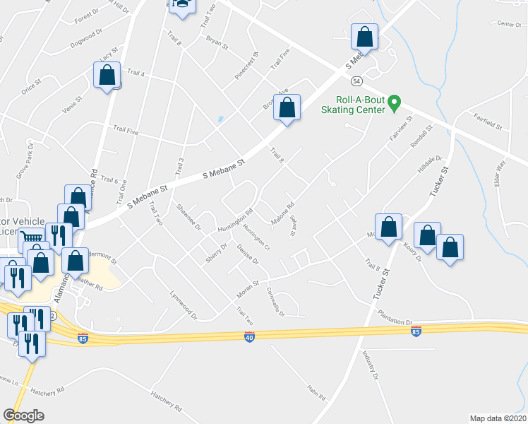 map of restaurants, bars, coffee shops, grocery stores, and more near 2016 Malone Road in Burlington