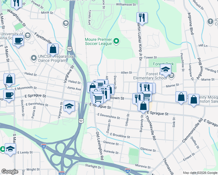 map of restaurants, bars, coffee shops, grocery stores, and more near 655 Junia Avenue in Winston-Salem