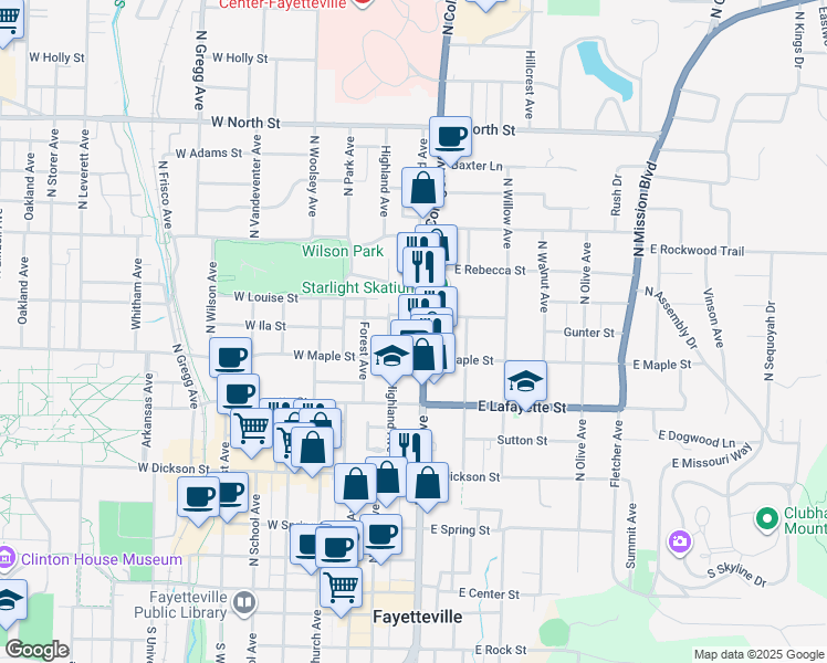 map of restaurants, bars, coffee shops, grocery stores, and more near 509 North College Avenue in Fayetteville