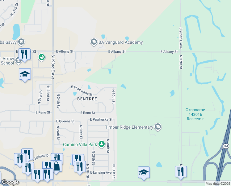map of restaurants, bars, coffee shops, grocery stores, and more near 1905 North 30th Street in Broken Arrow