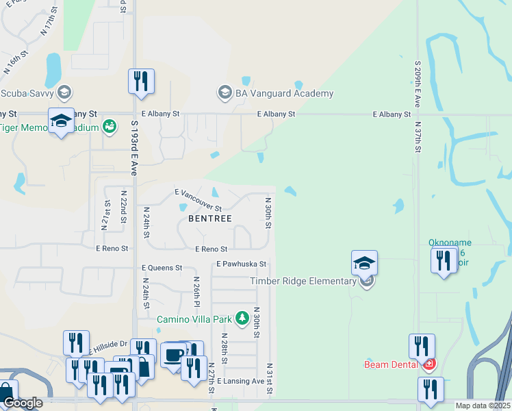 map of restaurants, bars, coffee shops, grocery stores, and more near 3004 East Tacoma Street in Broken Arrow
