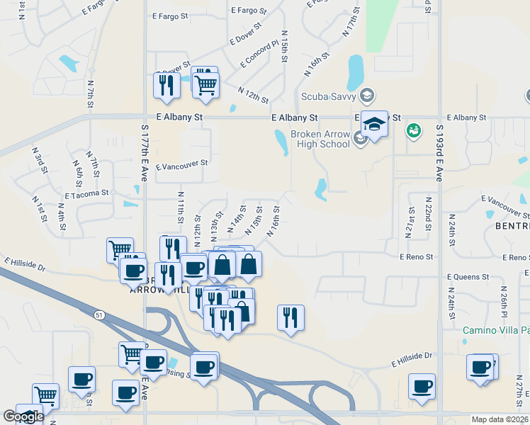 map of restaurants, bars, coffee shops, grocery stores, and more near 1712 North 16th Street in Broken Arrow