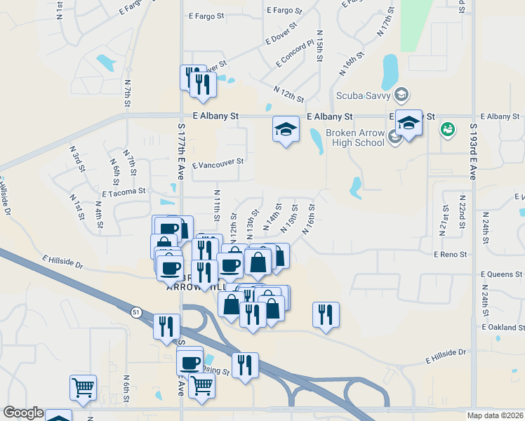 map of restaurants, bars, coffee shops, grocery stores, and more near 1817 North 13th Street in Broken Arrow
