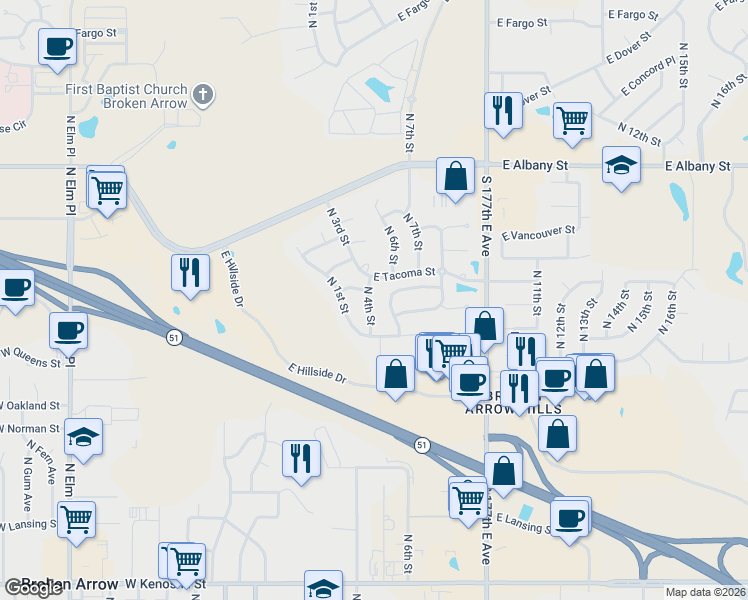 map of restaurants, bars, coffee shops, grocery stores, and more near 1808 North 6th Street in Broken Arrow