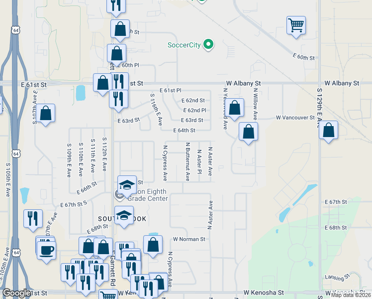 map of restaurants, bars, coffee shops, grocery stores, and more near 1902 North Aster Place in Broken Arrow