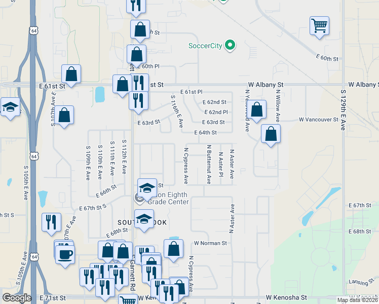 map of restaurants, bars, coffee shops, grocery stores, and more near 4513 West Tacoma Street in Broken Arrow