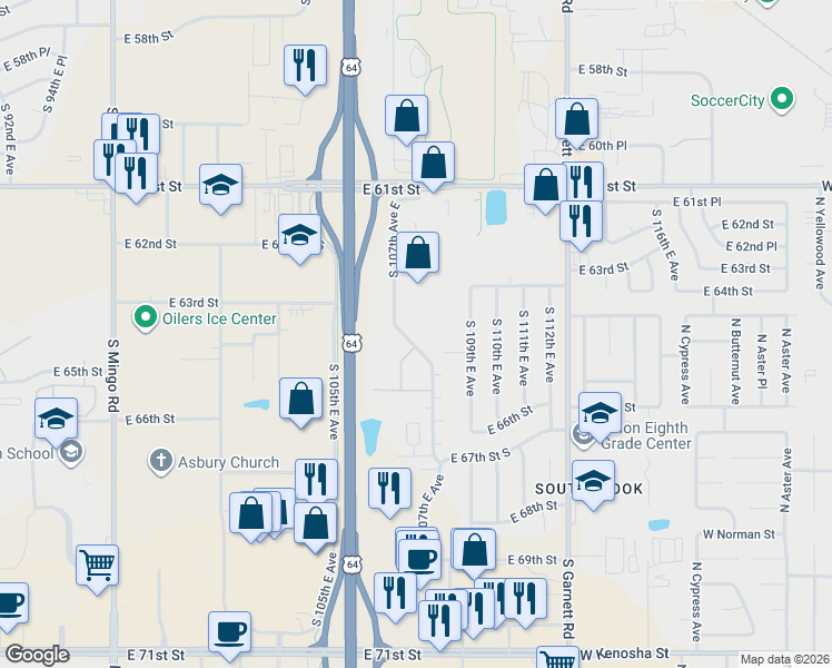 map of restaurants, bars, coffee shops, grocery stores, and more near 6442 South 106th East Place in Tulsa