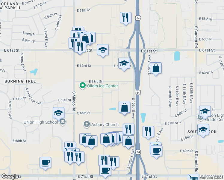 map of restaurants, bars, coffee shops, grocery stores, and more near 10111 East 64th Street in Tulsa
