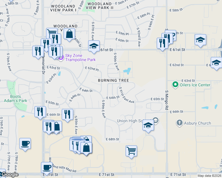 map of restaurants, bars, coffee shops, grocery stores, and more near 6327 South 90th East Avenue in Tulsa