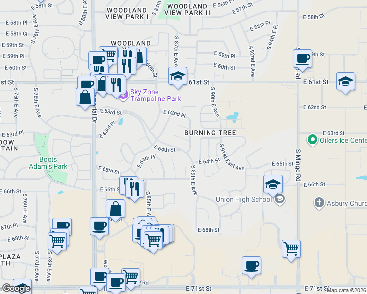 map of restaurants, bars, coffee shops, grocery stores, and more near 8833 East 64th Street in Tulsa