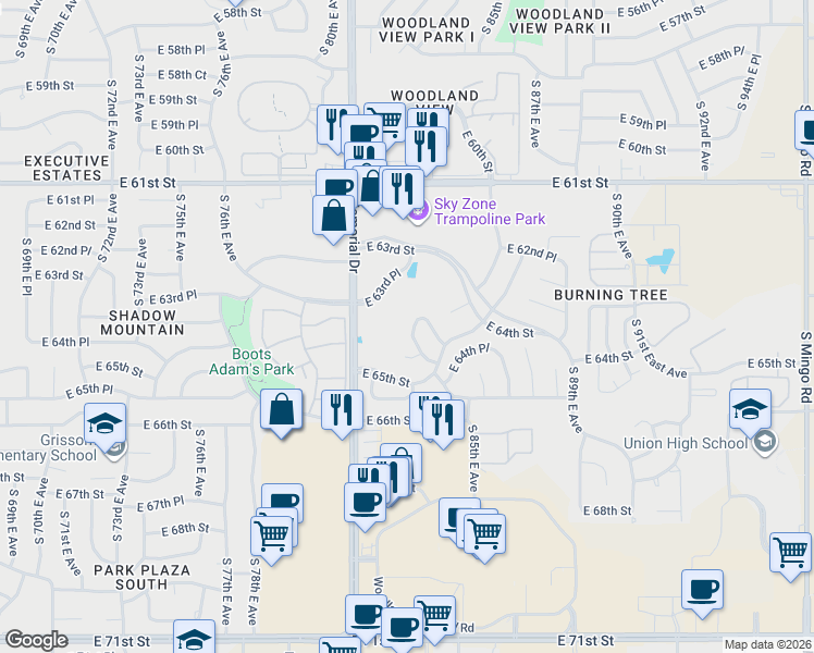 map of restaurants, bars, coffee shops, grocery stores, and more near 6372 South 84th East Avenue in Tulsa