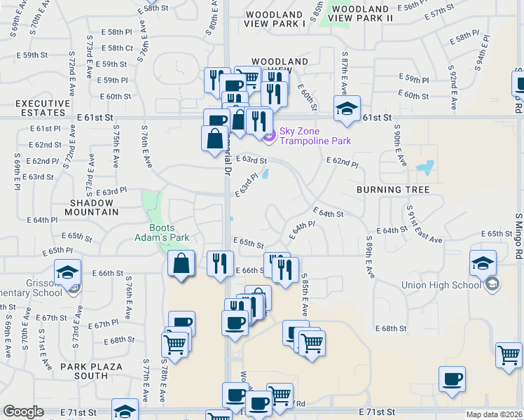 map of restaurants, bars, coffee shops, grocery stores, and more near 6372 South 84th East Avenue in Tulsa