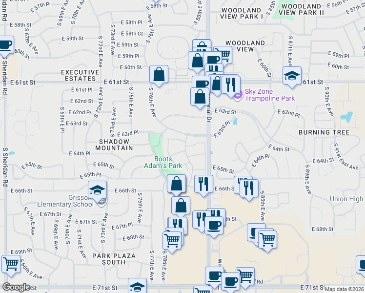 map of restaurants, bars, coffee shops, grocery stores, and more near 6360 South 80th East Avenue in Tulsa