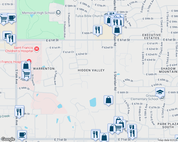 map of restaurants, bars, coffee shops, grocery stores, and more near in Tulsa
