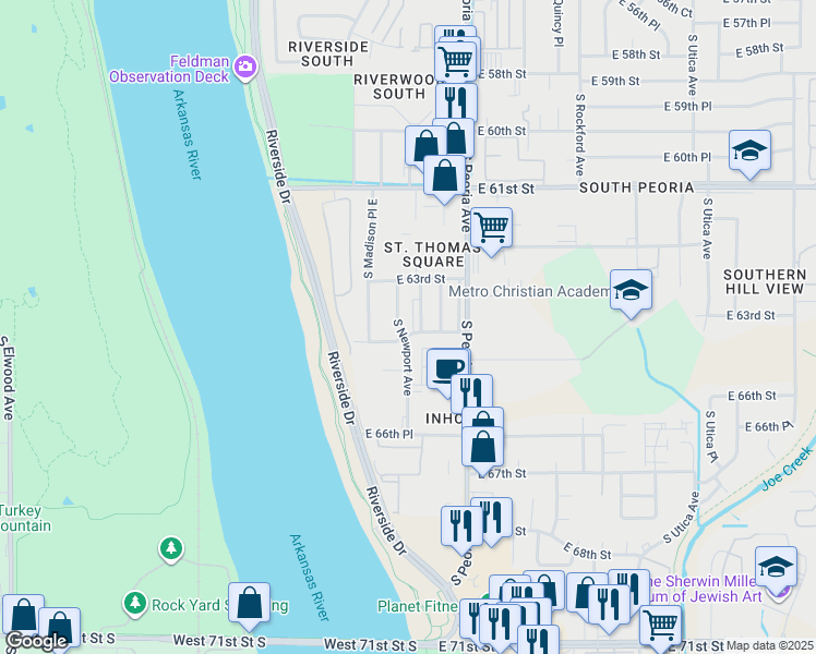 map of restaurants, bars, coffee shops, grocery stores, and more near 1114 East 64th Street in Tulsa