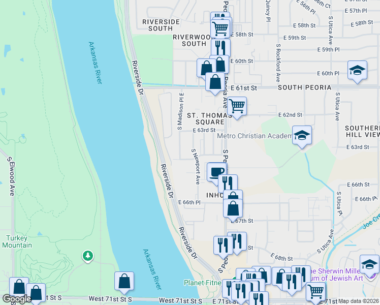 map of restaurants, bars, coffee shops, grocery stores, and more near 6350 South Newport Avenue in Tulsa